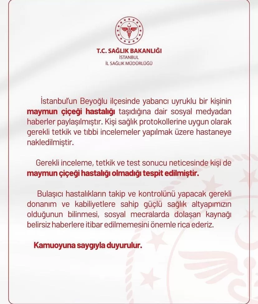 İstanbul İl Sağlık Müdürlüğü’nden “İstanbul’da maymun çiçeği görüldü” iddialarına ilişkin açıklama