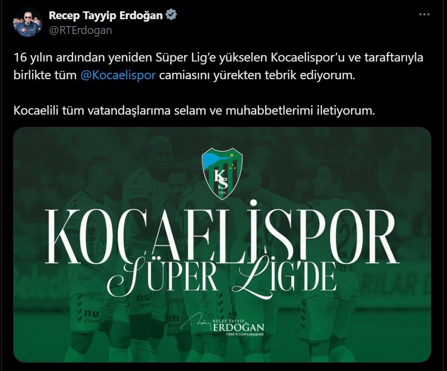 Cumhurbaşkanı Erdoğan’dan Kocaelispor’a tebrik
