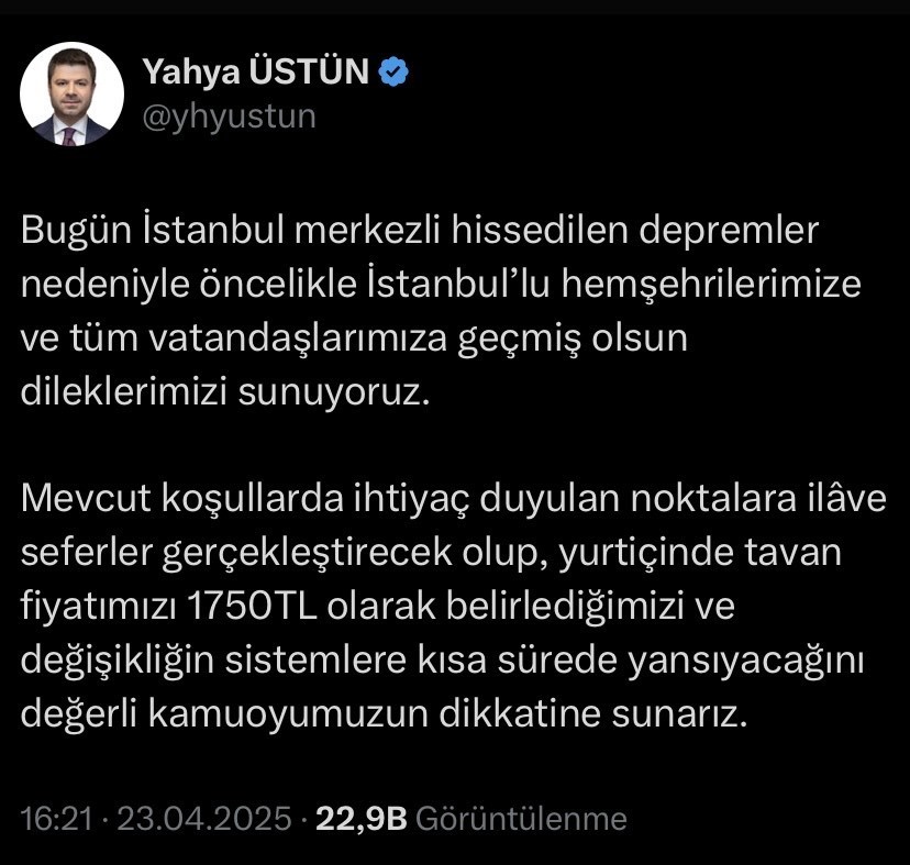 THY’den deprem sonrası bilet düzenlemesi
