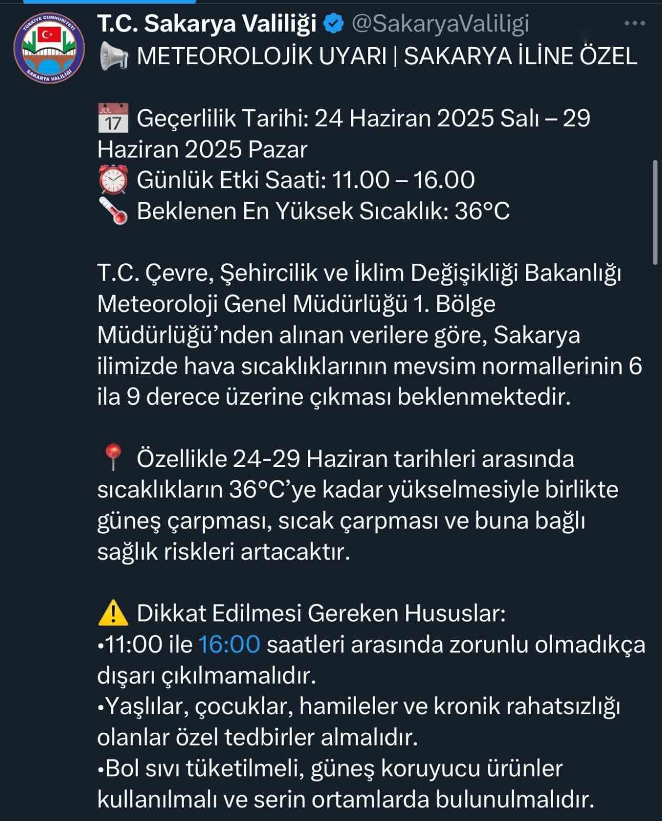 Valilik uyardı: Sakarya’da o saatlerde dışarı çıkmayın
