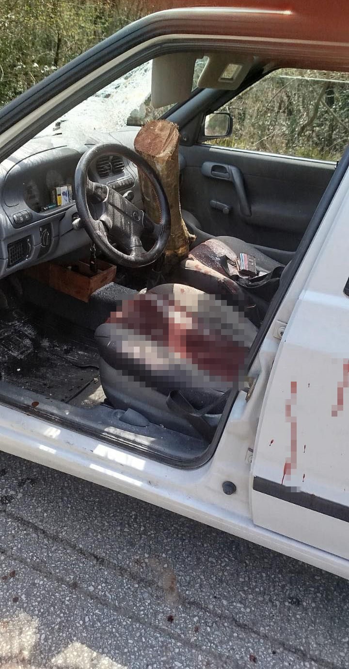 Kamyondan düşen tomruk seyir halindeki otomobile saplandı
