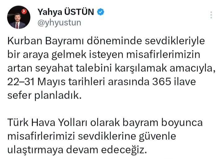 Türk Hava Yolları, Kurban Bayramı tatili için 365 ilave sefer planladı
