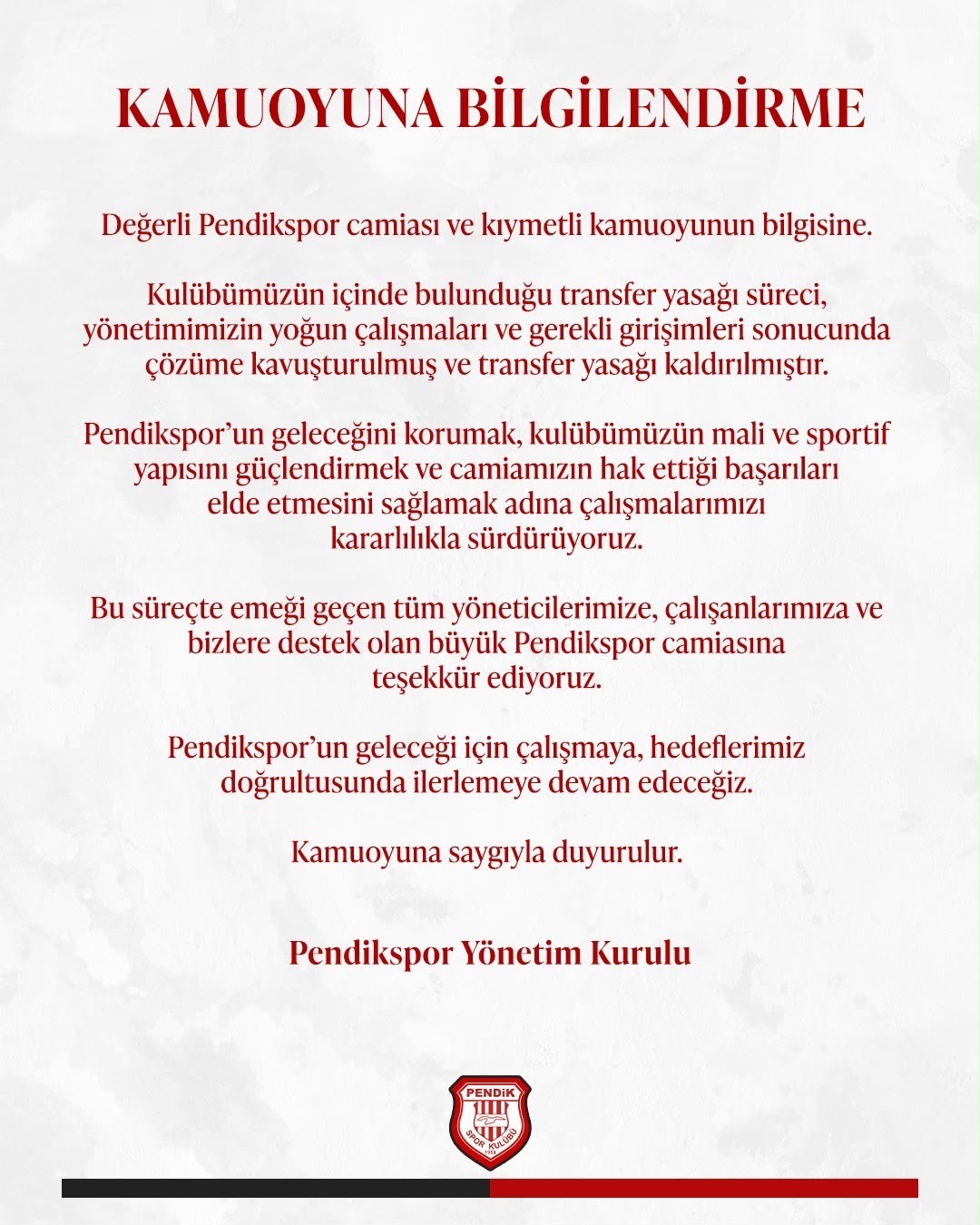Pendikspor’un transfer yasağı kaldırıldı
