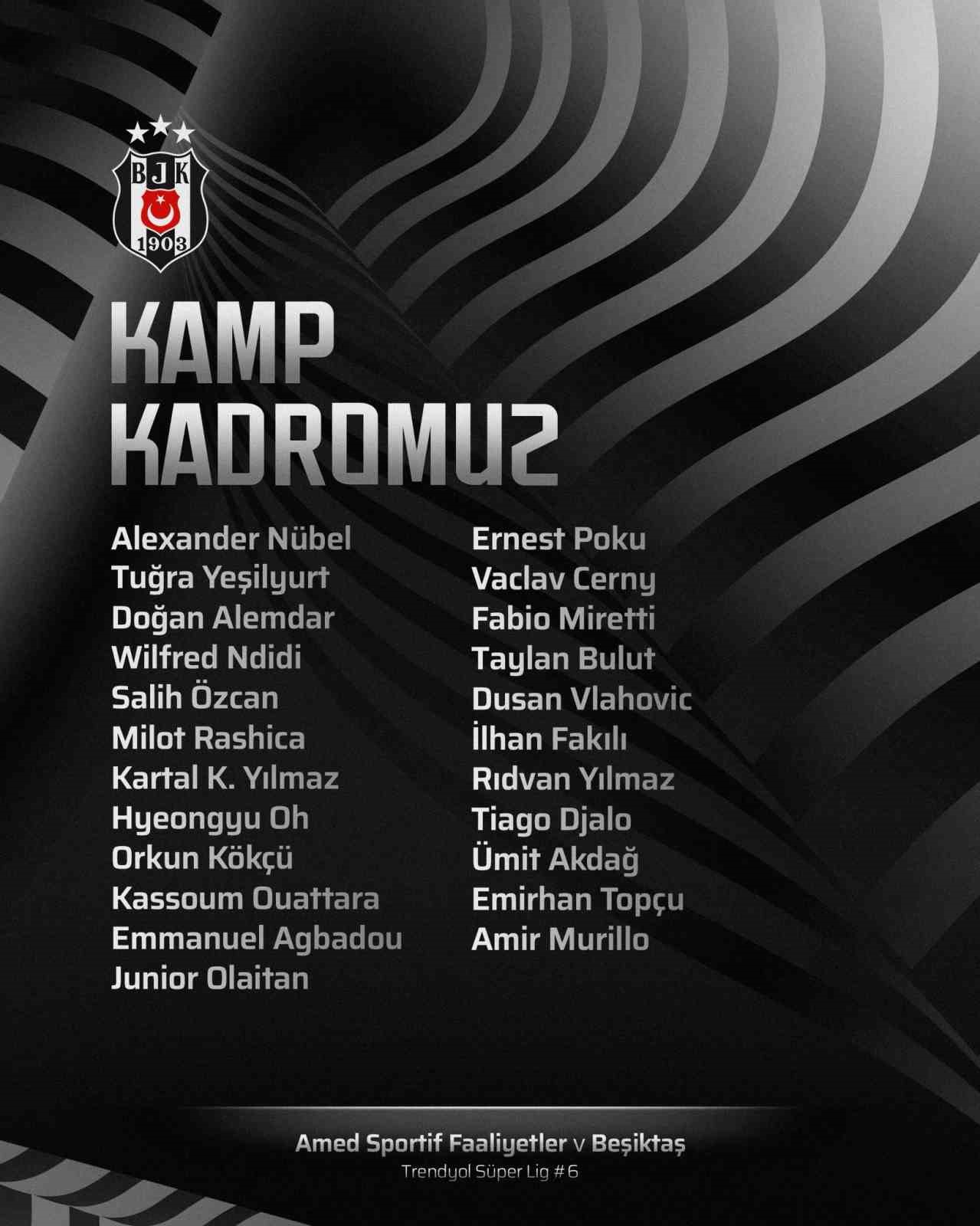 Beşiktaş’ın, Amed Sportif Faaliyetler maçı kamp kadrosu belli oldu
