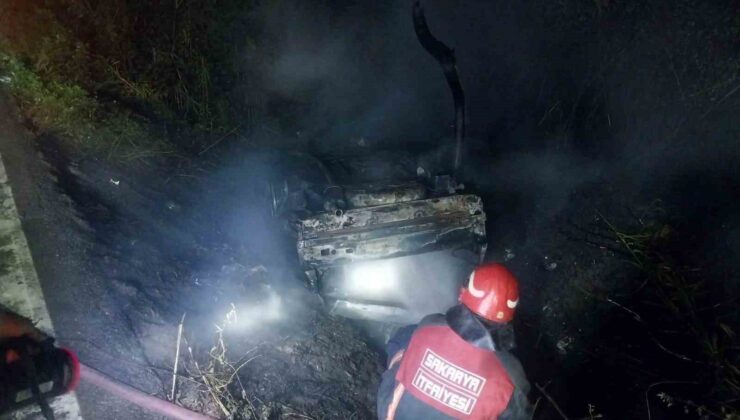 Kontrolden çıkarak yol kenarına uçan araç alev topuna döndü: 2 yaralı